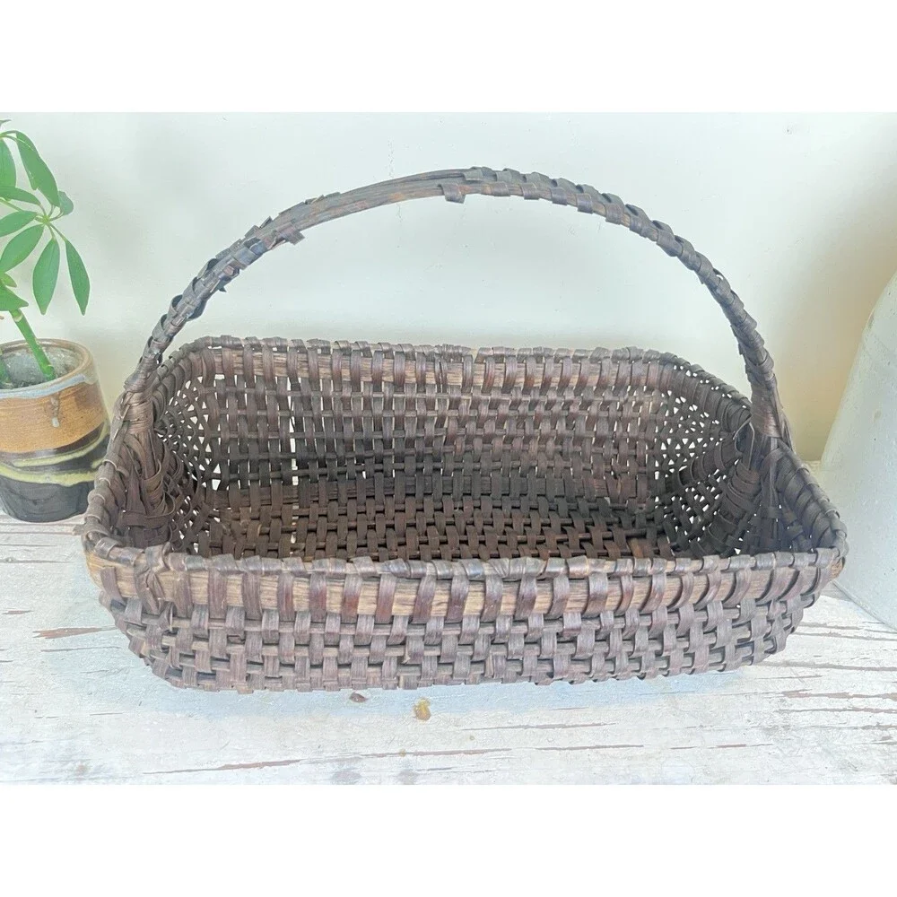 Antique Primitive Gathering Basket Dark Brown Woven Wicker Rectangular Rustic